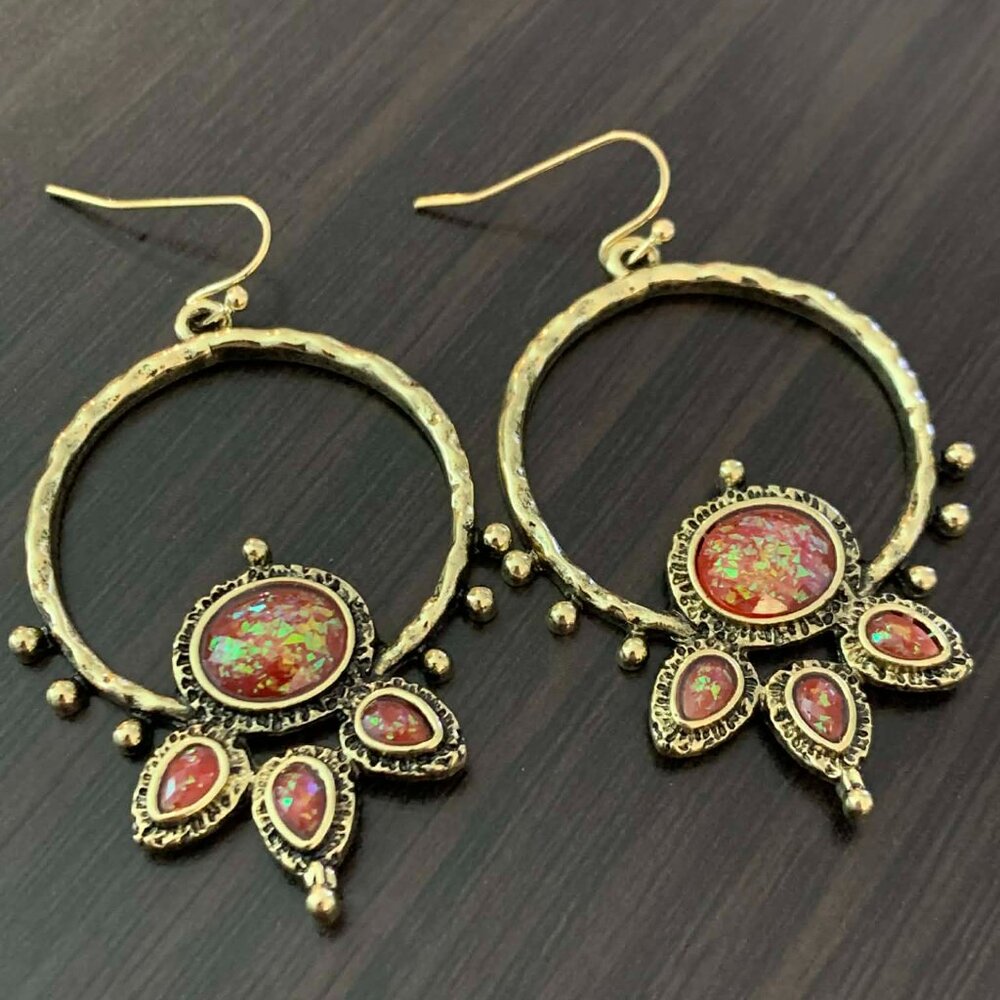 Gold Red Gemstone Lotus Flower Earrings